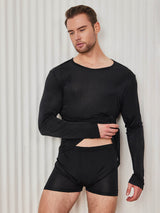 [أسود] SilkSilky-SA Long Sleeve Round Neck تي شيرت رجالي 004