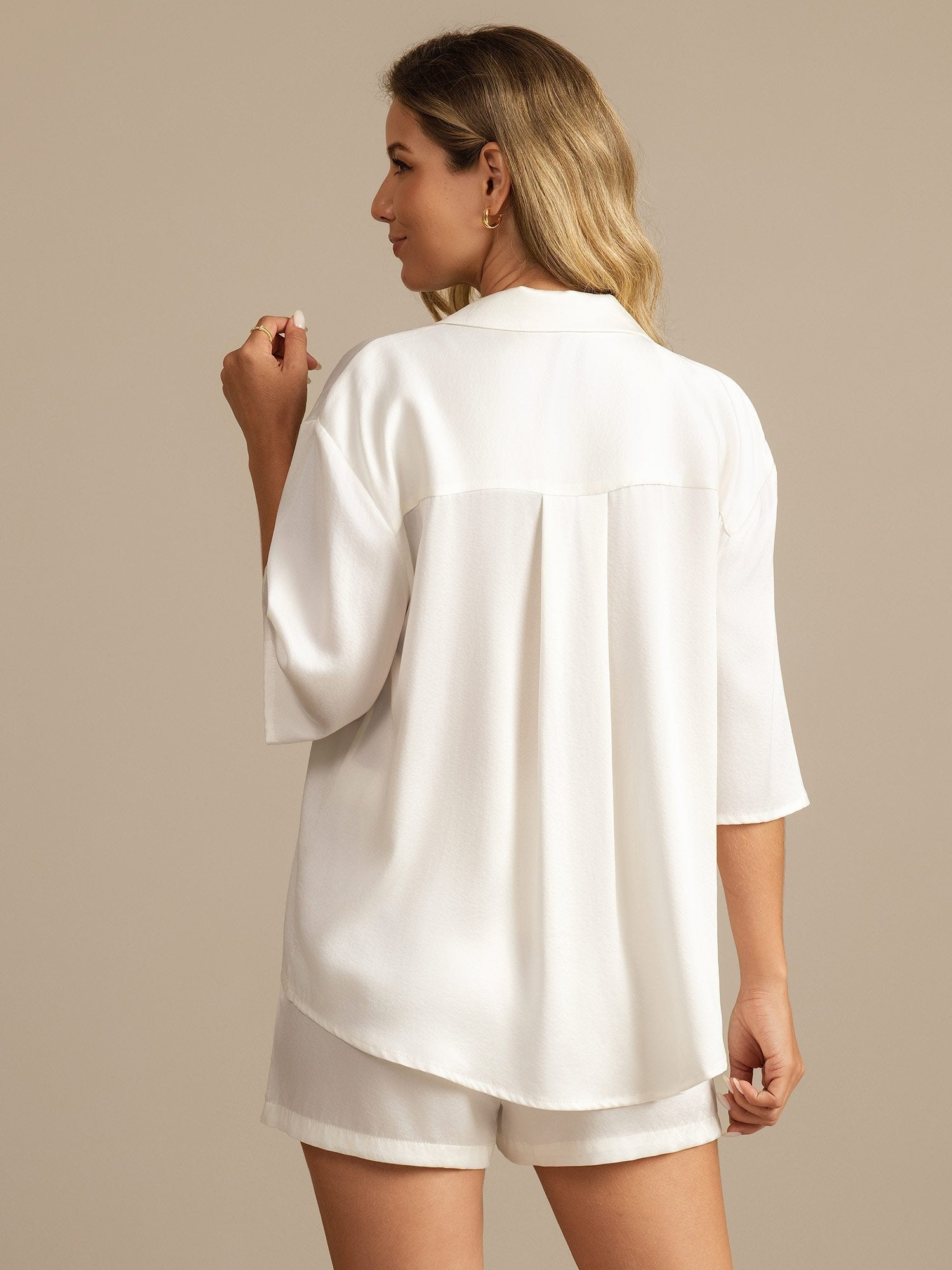 [أبيض] SilkSilky-SA 19Momme الحرير الخالص Notch Collar طقم بيجامة نسائي 002,