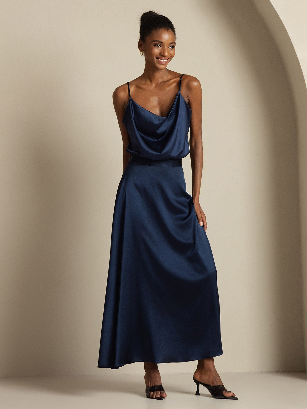 [أزرق غامق] SilkSilky-SA 19Momme الحرير فتحة عنق بثنيات ملفوفة Women''s Outfit Sets 006,