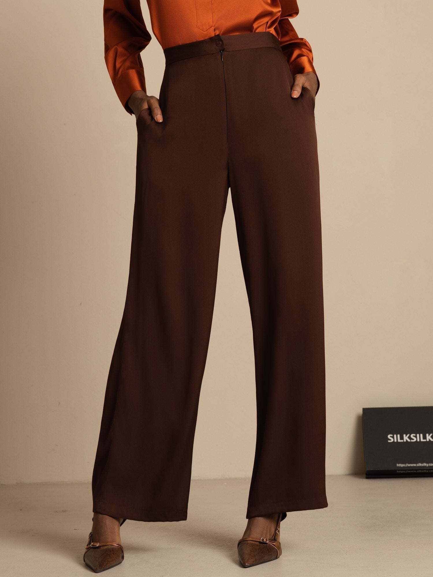 [شوكولاتة داكنة] SilkSilky-SA 19Momme الحرير Womens Pants 001