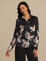 [أسود] SilkSilky-SA Long Sleeve Lapel Collar بلايز نسائية 006