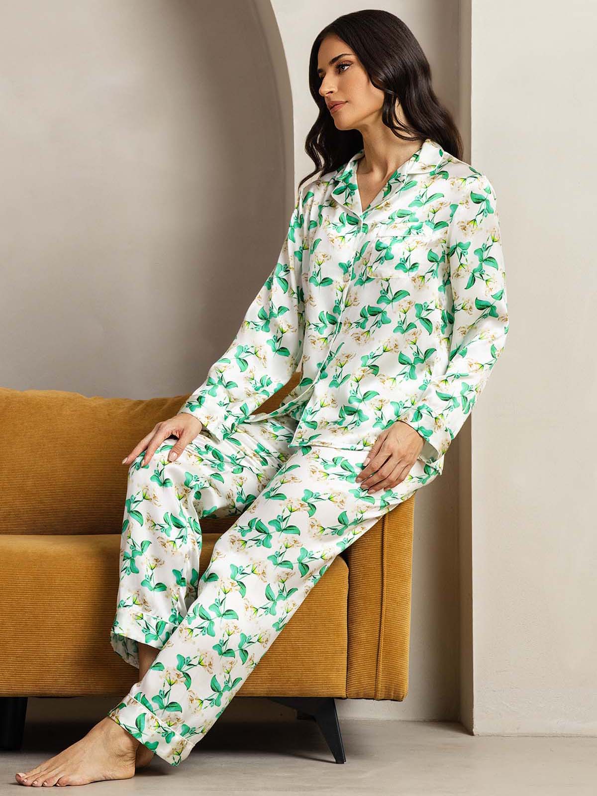[زهري أخضر] SilkSilky-SA الحرير الخالص Womens Pajamas 004