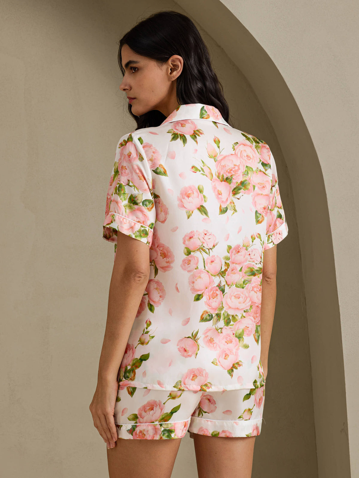 [فاوانيا بيضاء] SilkSilky-SA Short Sleeve Notch Collar طقم بيجامة نسائي 002
