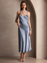 [أزرق رمادي] SilkSilky-SA Sleeveless V Neck فساتين نسائية 003