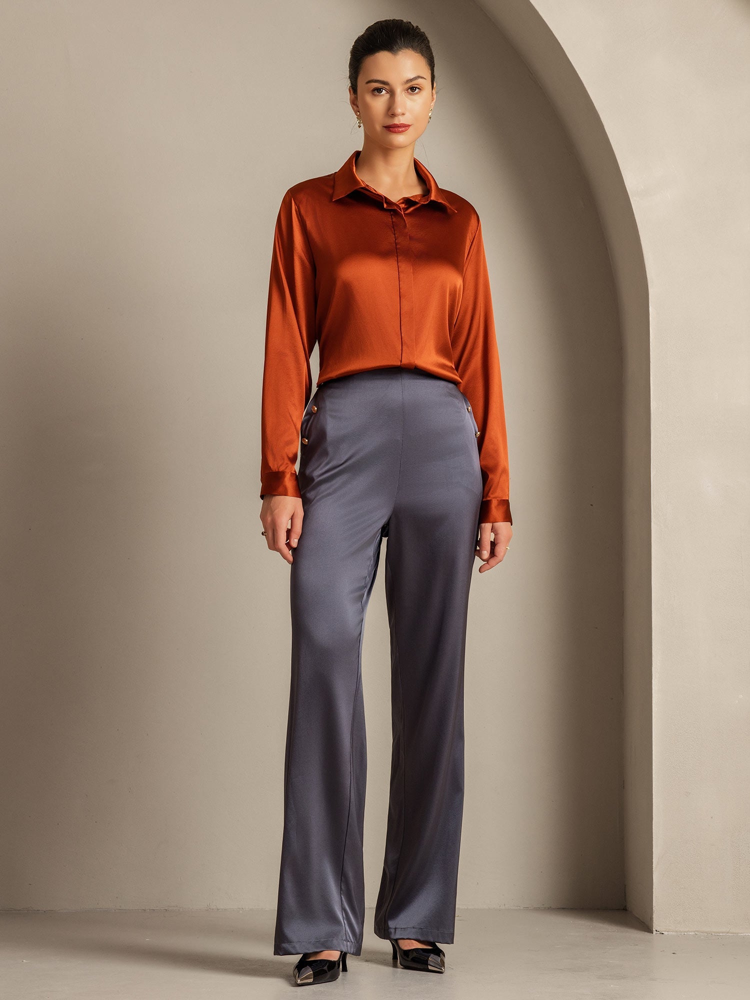 [الكراميل] SilkSilky-SA 19Momme الحرير الأكمام الطويلة Lapel Collar بلايز نسائية 008