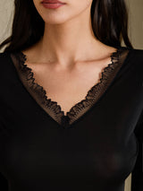 [أسود] SilkSilky-SA Long Sleeve V Neck ملابس داخلية طويلة نسائية 005