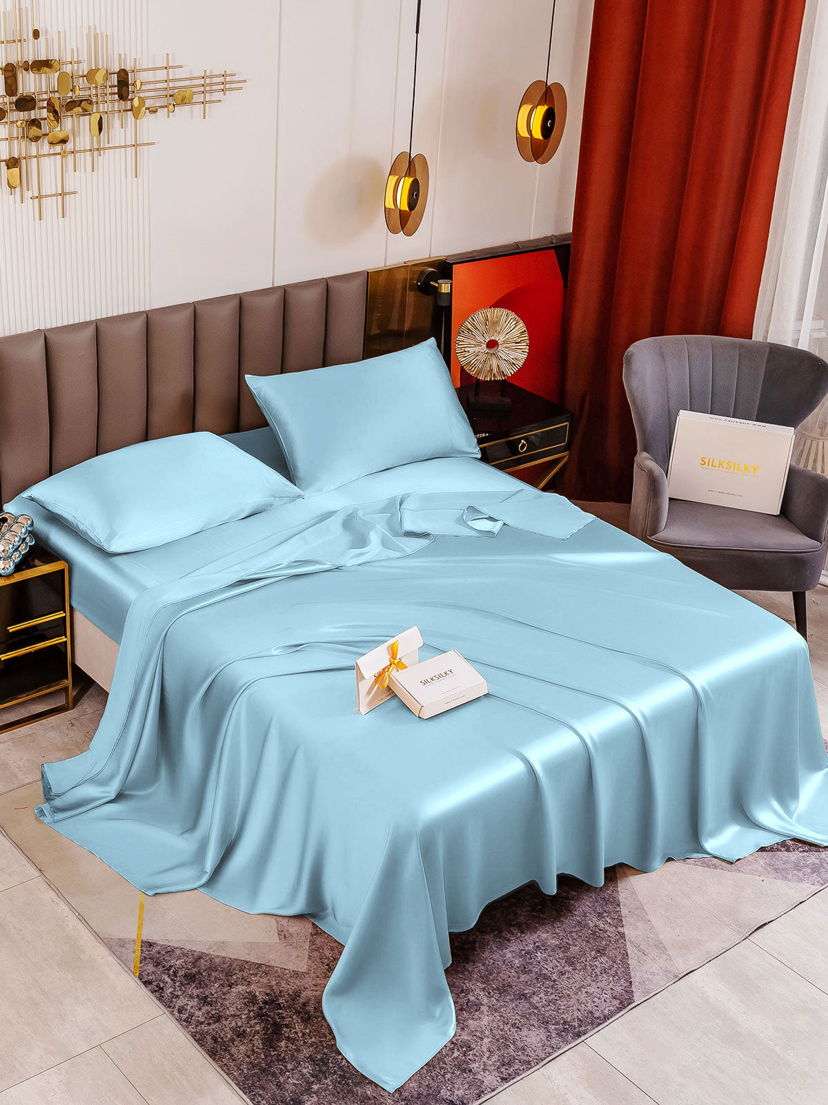 [أزرق فاتح] SilkSilky-SA 19Momme Pure Silk Bedding Set 001