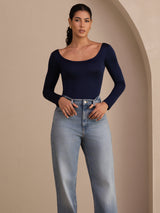 [أزرق غامق] SilkSilky-SA Long Sleeve رقبة على شكل حرف U تي شيرت نسائية 004