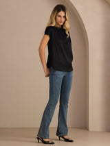 [أسود] SilkSilky-SA Short Sleeve Split بلوزات نسائية 005
