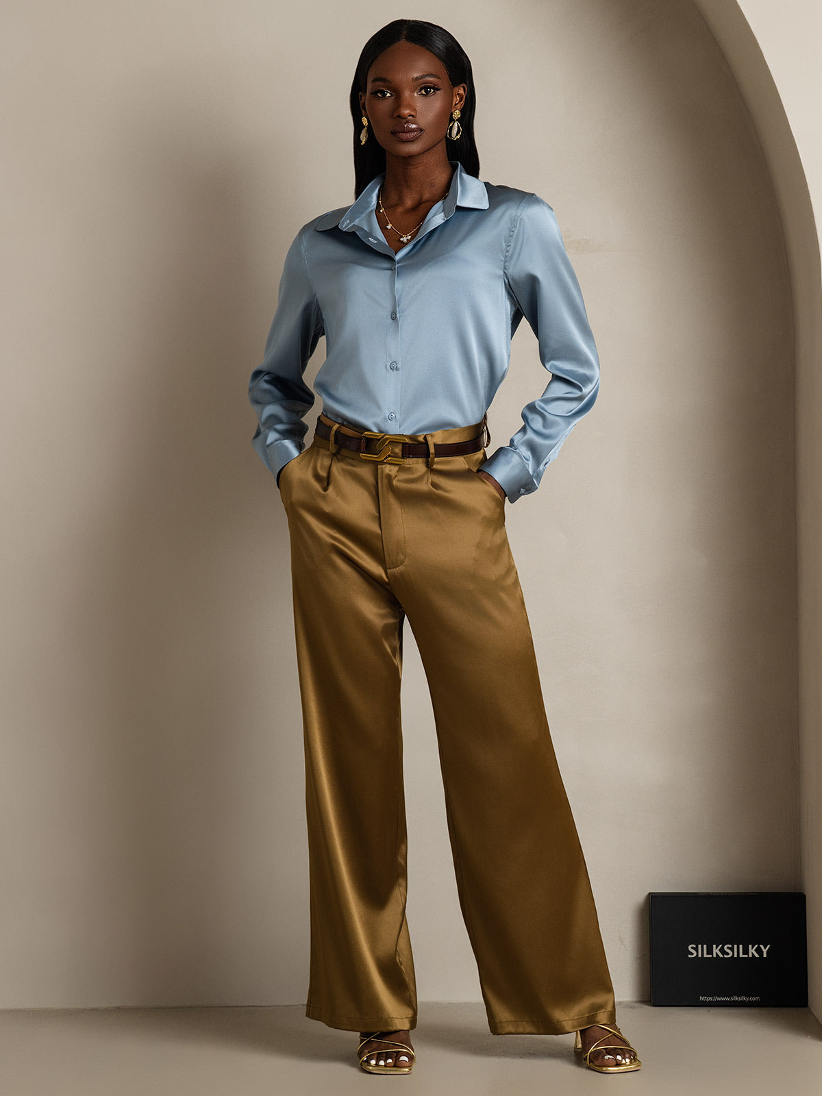 [أزرق رمادي] SilkSilky-SA الحرير Lapel Collar بلايز نسائية 005