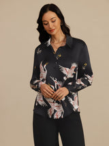 [أسود] SilkSilky-SA Long Sleeve Lapel Collar بلايز نسائية 004