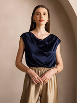 [أزرق غامق] SilkSilky-SA Cap Sleeve Cowl Neck تي شيرت نسائية 003