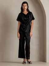 [أسود] SilkSilky-SA Short Sleeve Cowl Neck بلوزات نسائية 004