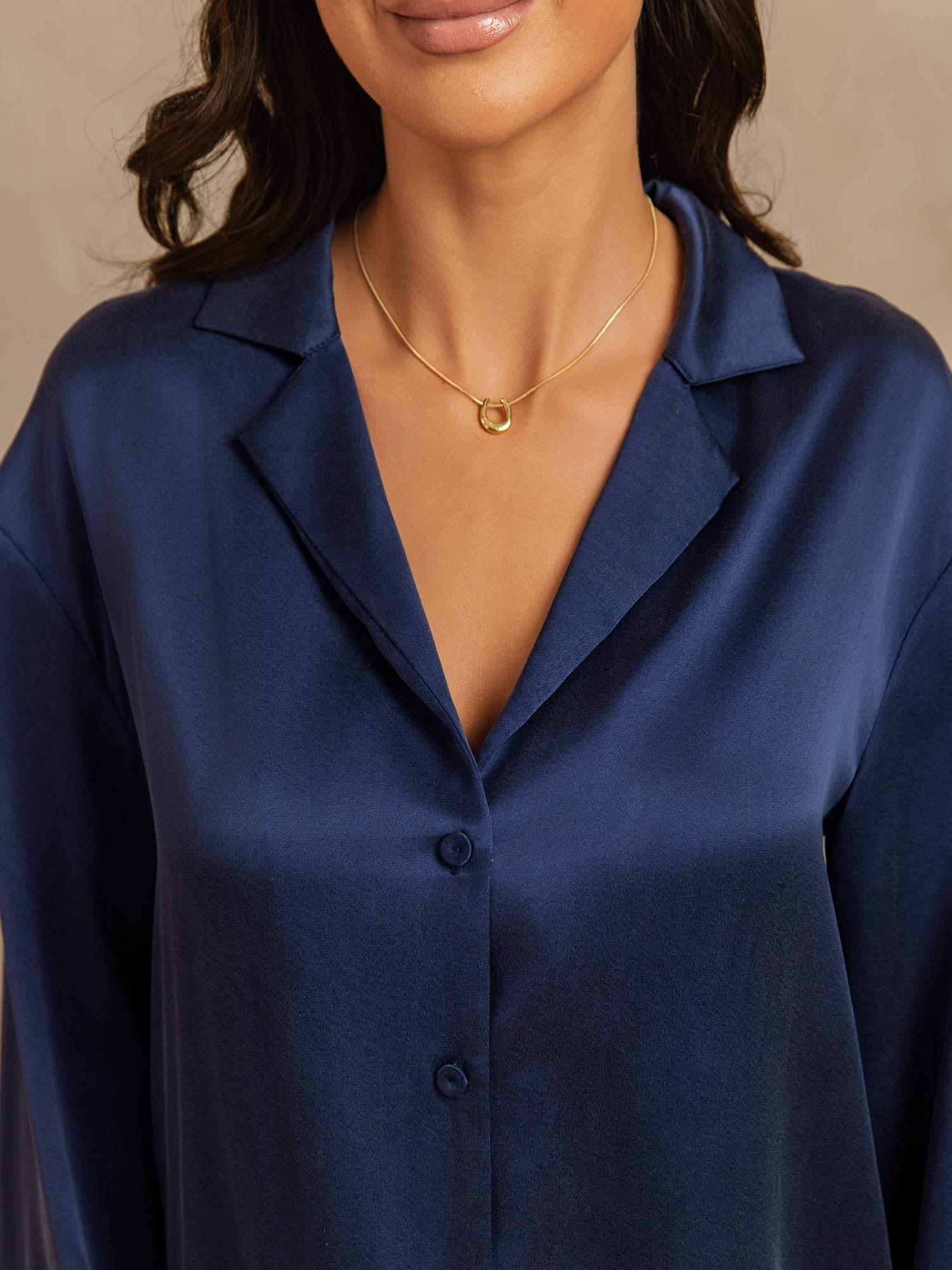 [أزرقغامق] SilkSilky-SA 19Momme الحرير فتحة عنق V طقم بيجامة نسائي 004