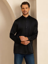 [أسود] SilkSilky-SA Long Sleeve Stand Collar قميص رجالي 006