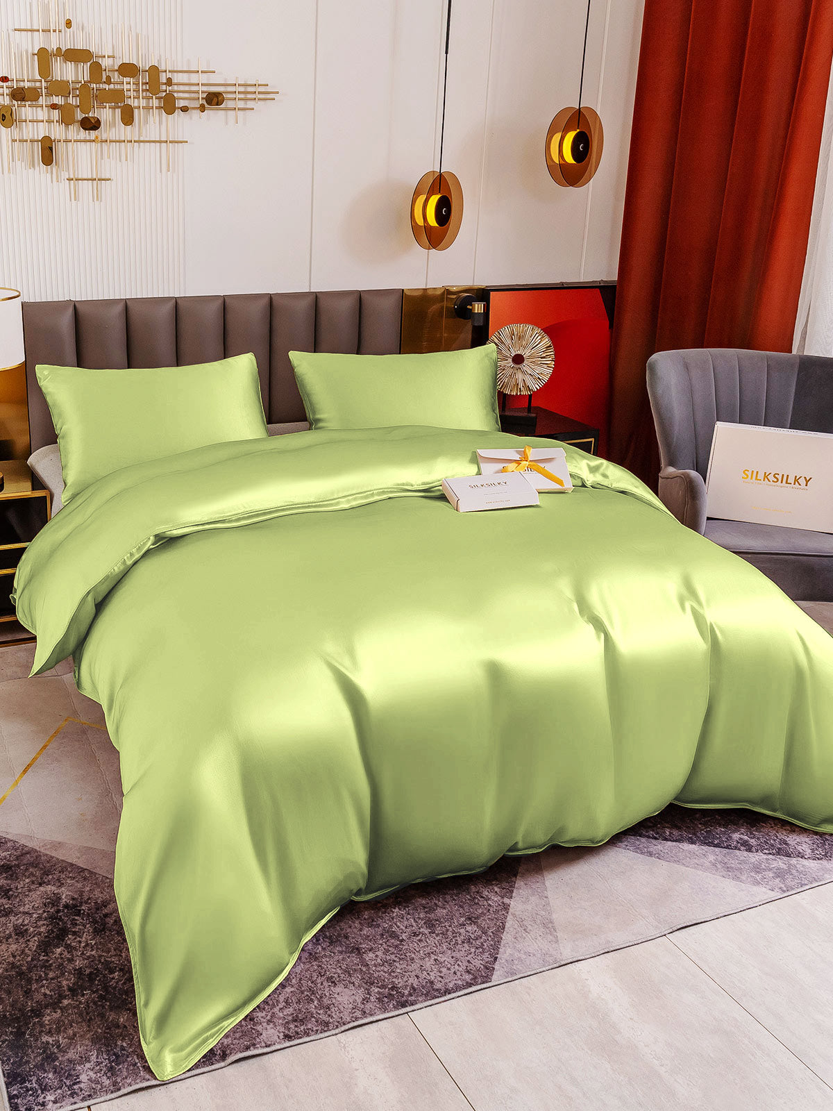 SilkSilky SA 19Momme الحرير الخالص Bedding Set المياهالخضراء 011