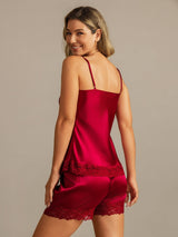 [خمر] SilkSilky-SA الأشرطة السباغيتي V Neck مجموعة قميص قصير 002
