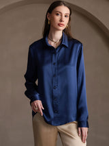 [أزرق غامق] SilkSilky-SA Long Sleeve Lapel Collar بلايز نسائية 004