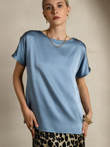 [أزرق رمادي] SilkSilky-SA Short Sleeve Boat Neck تي شيرت نسائية 005