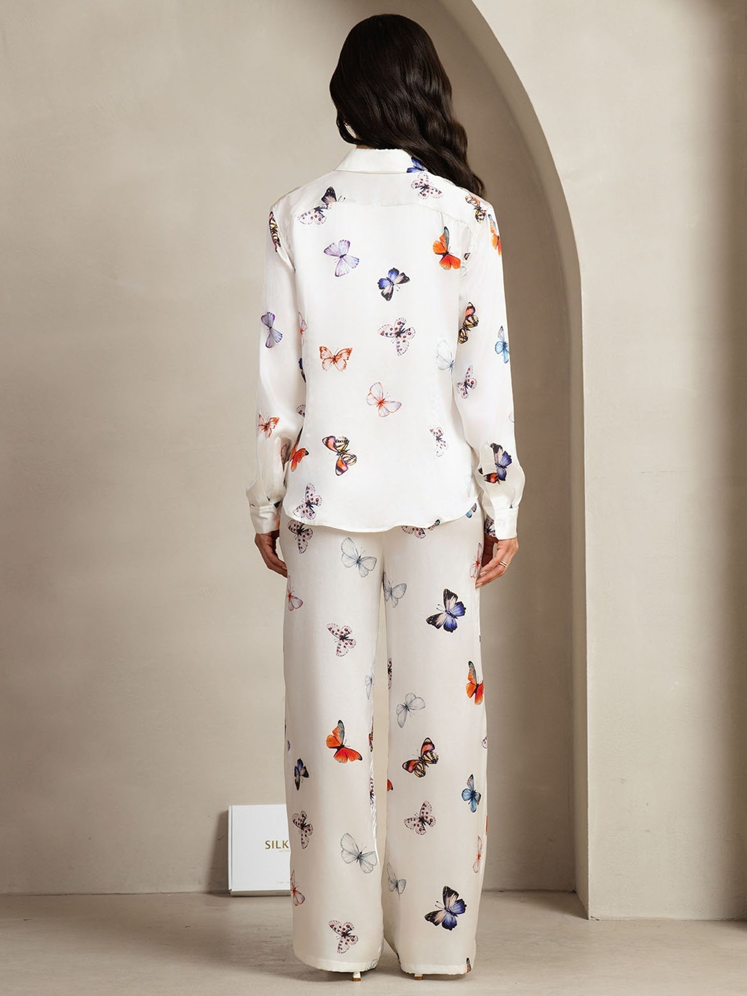 [فراشة بيضاء] SilkSilky-SA 19Momme الحرير Lapel Collar Women''s Outfit Sets 002