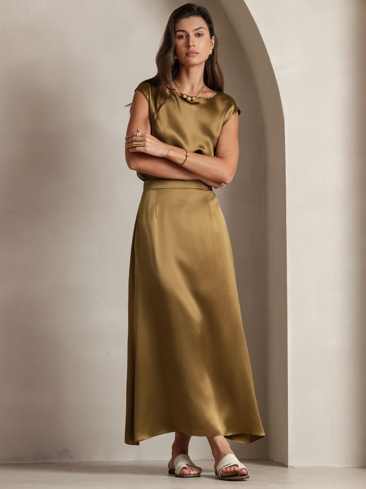 [بني] SilkSilky-SA 19Momme الحرير رقبة مستديرة تي شيرت نسائية 007,