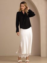 [أسود] SilkSilky-SA Long Sleeve Tie Neck بلوزات نسائية 007