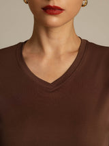 [قهوة] SilkSilky-SA Short Sleeve V Neck تي شيرت نسائية 004