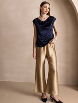 [أزرق غامق] SilkSilky-SA Cap Sleeve Cowl Neck تي شيرت نسائية 007