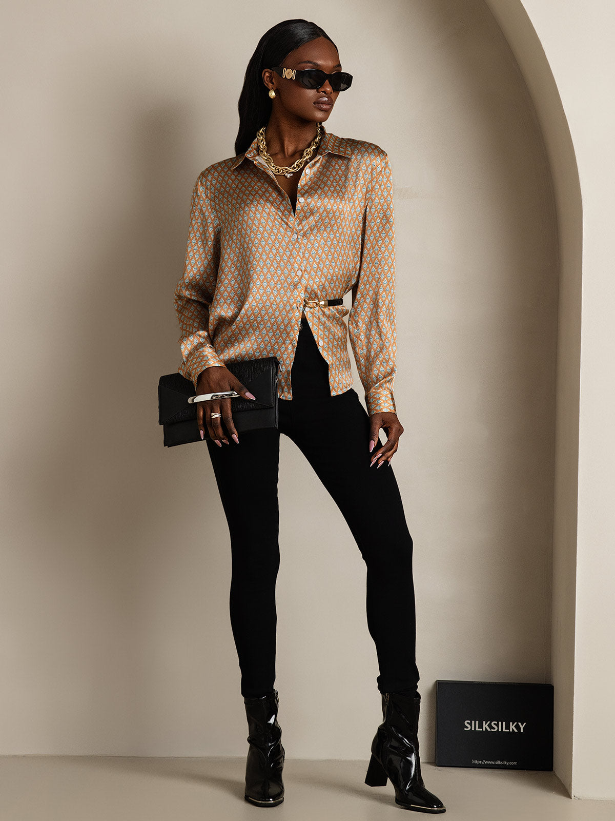 [أنماط زهرية] SilkSilky-SA الحرير الأكمام الطويلة Lapel Collar بلايز نسائية 008