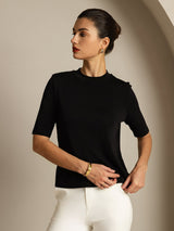 [أسود] SilkSilky-SA Half Sleeve Crew Neck تي شيرت نسائية 005