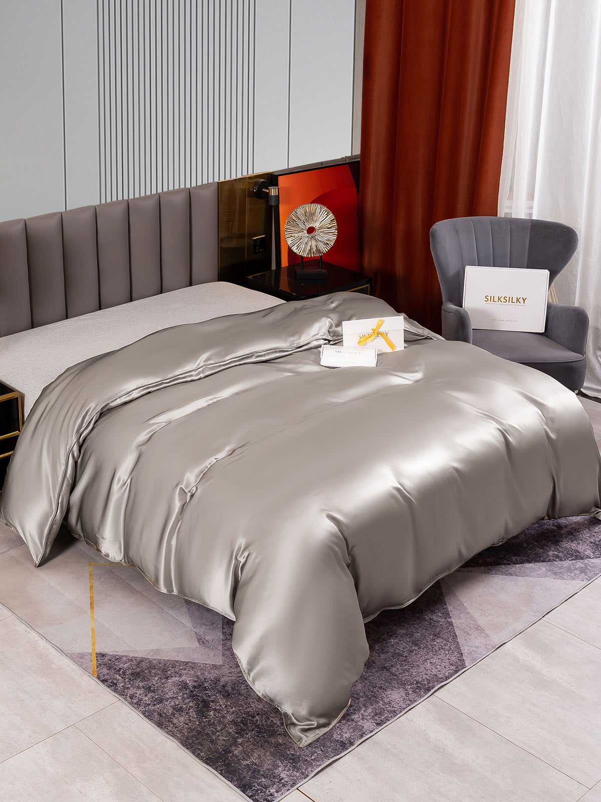 SilkSilky SA 22Momme الحرير الخالص Duvet Cover رمادي 002