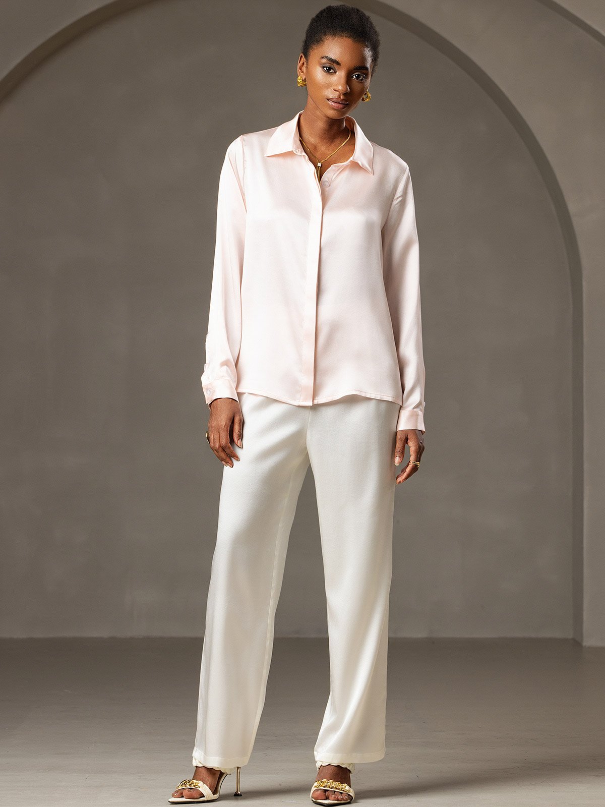 [لون القرنفل] SilkSilky-SA 19Momme الحرير الأكمام الطويلة Lapel Collar بلايز نسائية 007