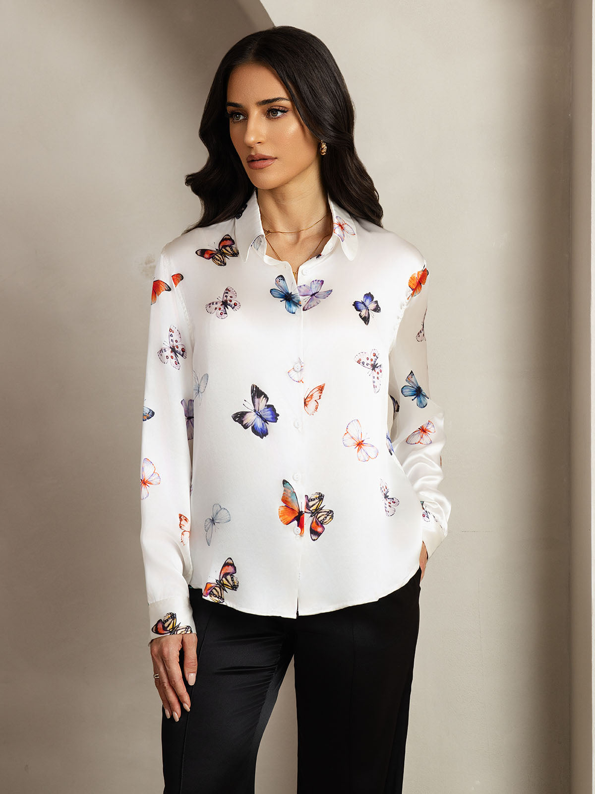 [فراشة بيضاء] SilkSilky-SA الحرير Lapel Collar بلايز نسائية 005