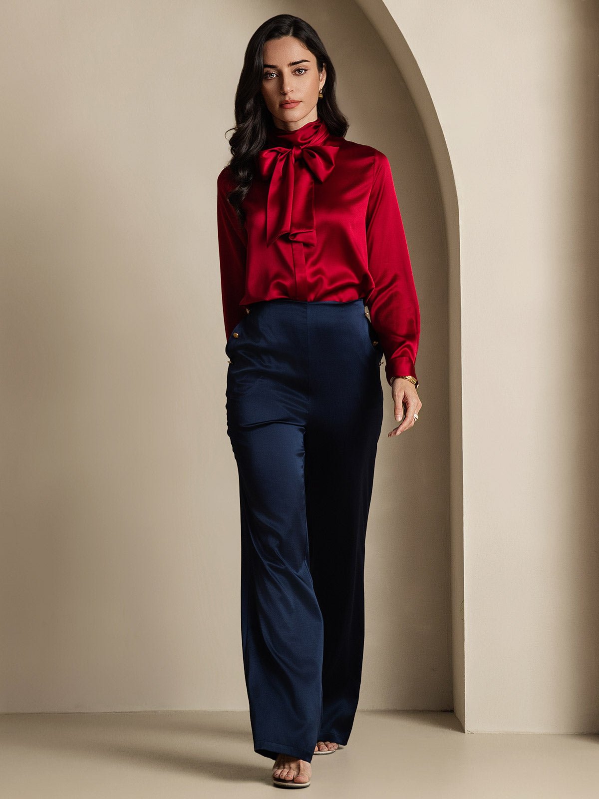 [خمر] SilkSilky-SA 19Momme الحرير الأكمام الطويلة تعادل الرقبة بلوزة 010