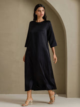 [أسود] SilkSilky-SA 3/4 Sleeve Round Neck فساتين نسائية 005