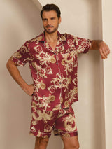 [تنين بلون النبيذ] SilkSilky-SA Short Sleeve Lapel Collar بيجامة رجالية 003