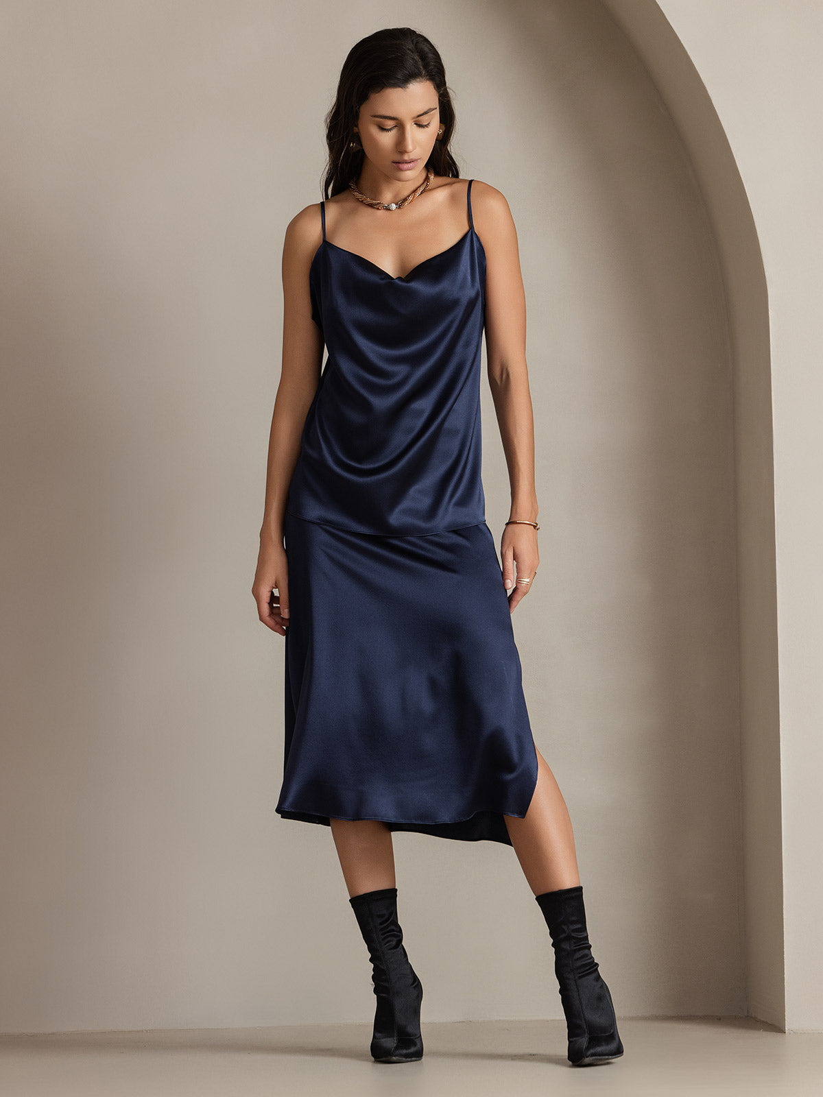 [أزرق غامق] SilkSilky-SA 19Momme الحرير Skirt 006