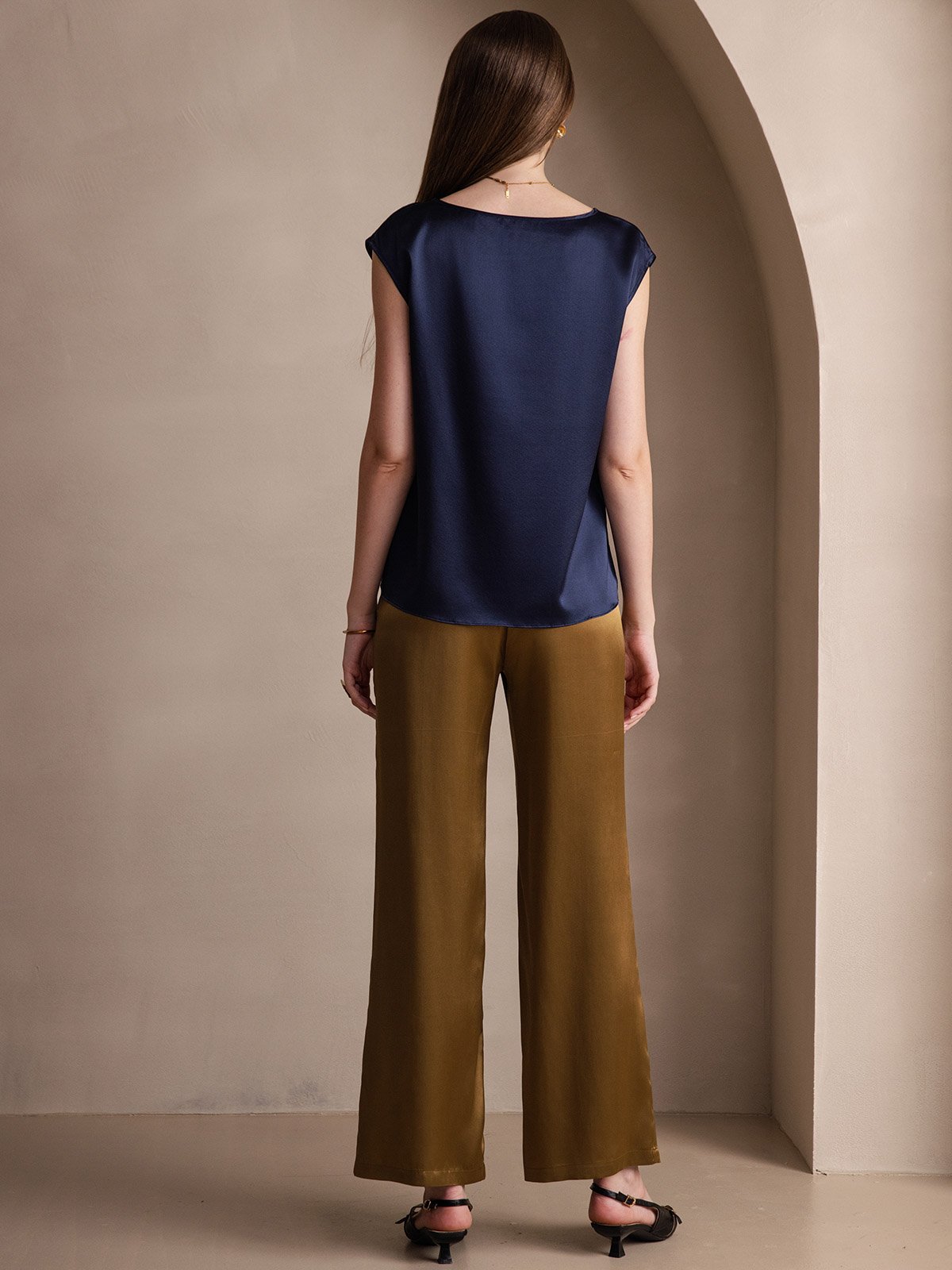 [أزرق غامق] SilkSilky-SA 19Momme الحرير رقبة مستديرة تي شيرت نسائية 002,