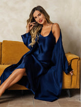 [أزرق غامق] SilkSilky-SA Long Sleeve V Neck رداء الحمام وقميص النوم 006