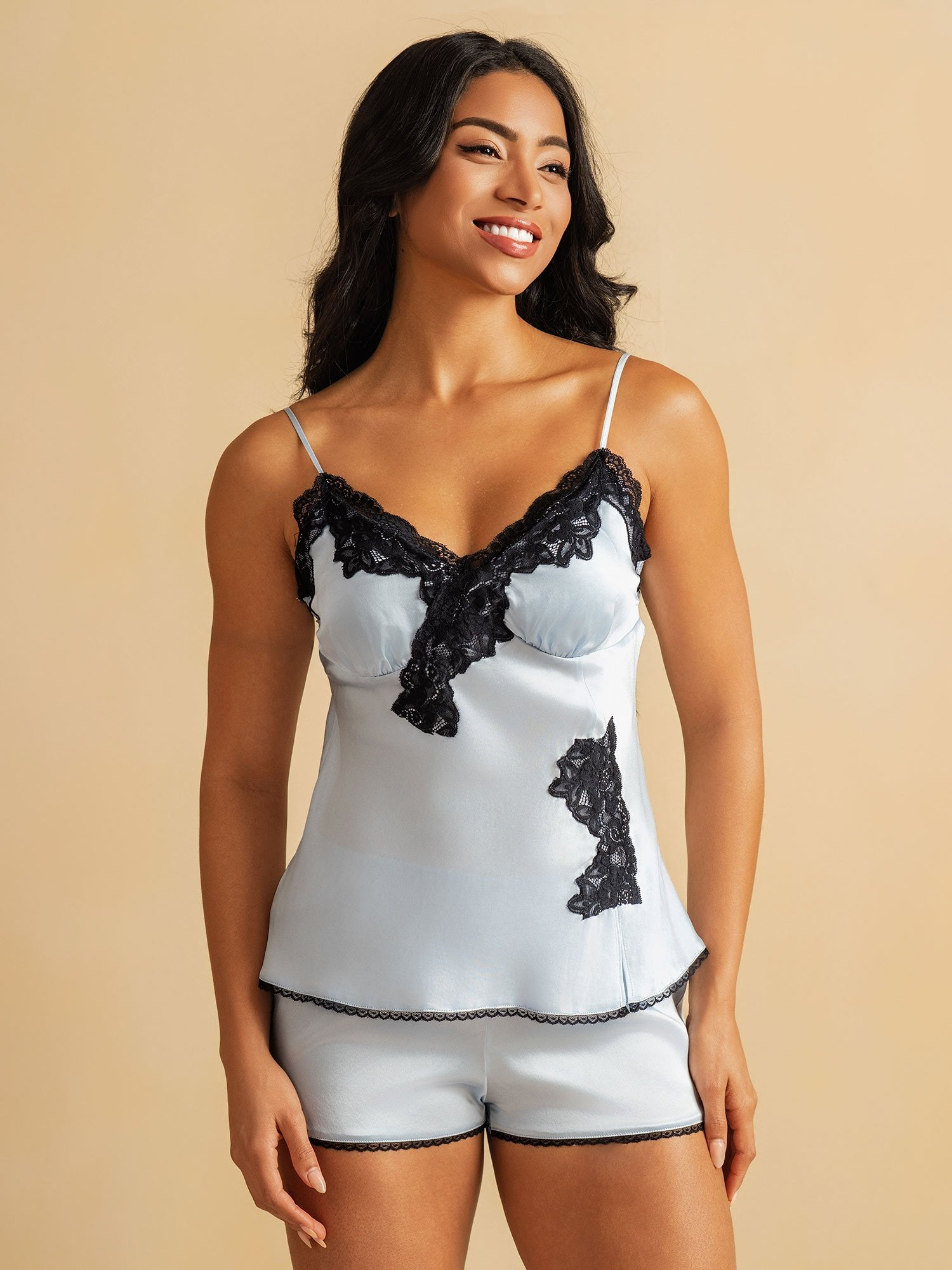 [السماءالزرقاء] SilkSilky-SA الحرير الخالص Split مجموعة قميص قصير 003