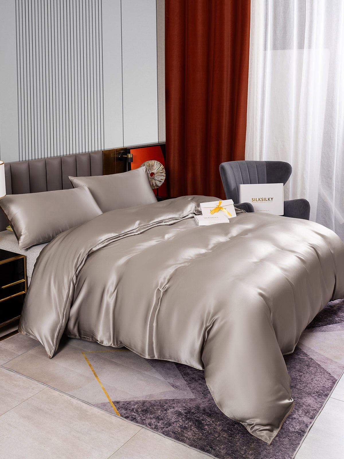 SilkSilky SA 22Momme الحرير الخالص Bedding Set رمادي 004