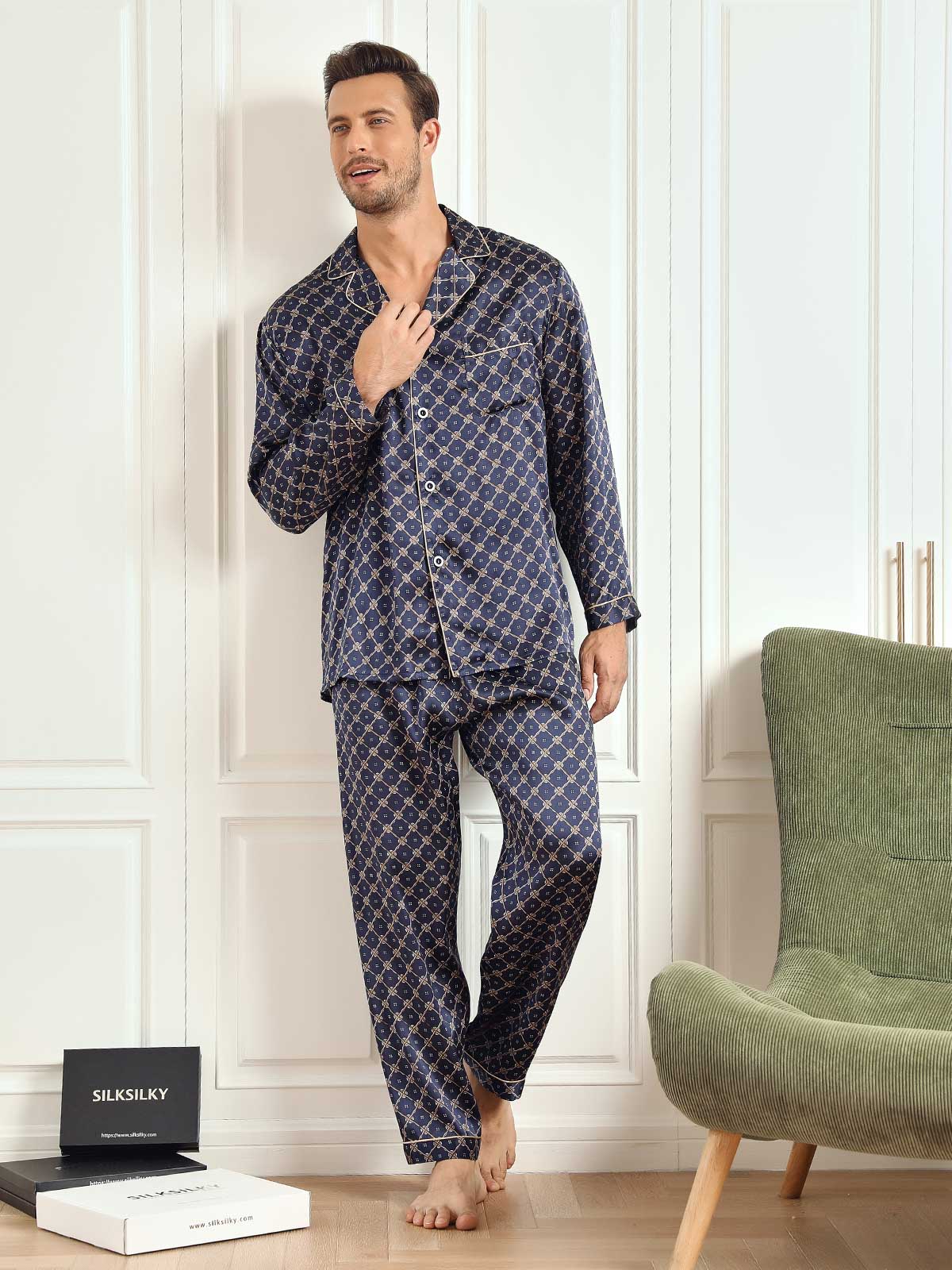 [سلسلة كحلي] SilkSilky-SA 19Momme الحرير الخالص Mens Pajamas 005