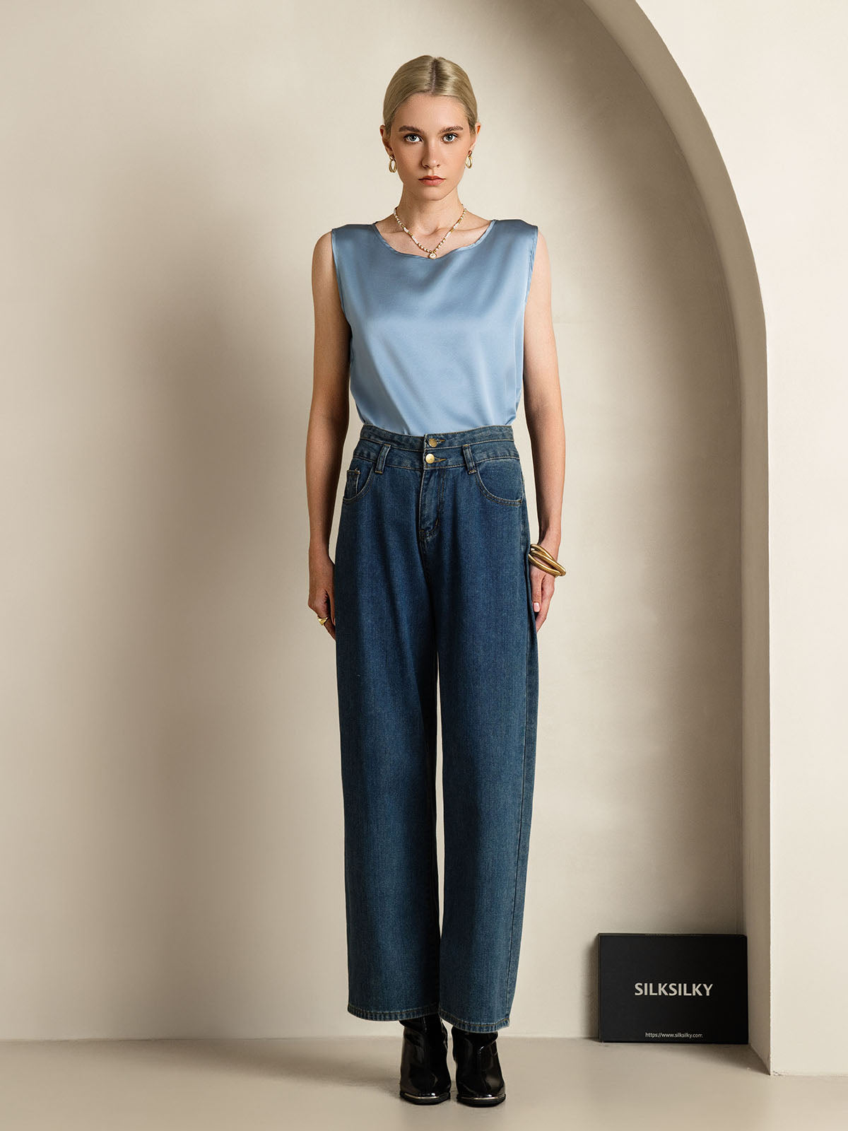 [أزرق رمادي] SilkSilky-SA 19Momme الحرير رقبة مستديرة كامي 007,