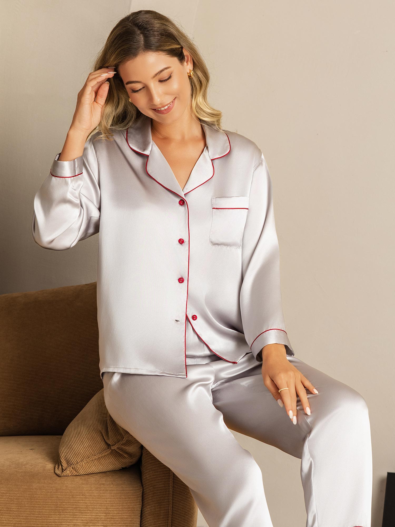 [فضة] SilkSilky-SA الحرير الخالص Womens Pajamas 007