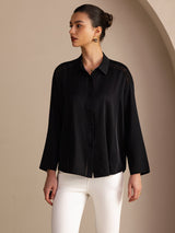 [أسود] SilkSilky-SA Long Sleeve Lapel Collar بلوزة 003