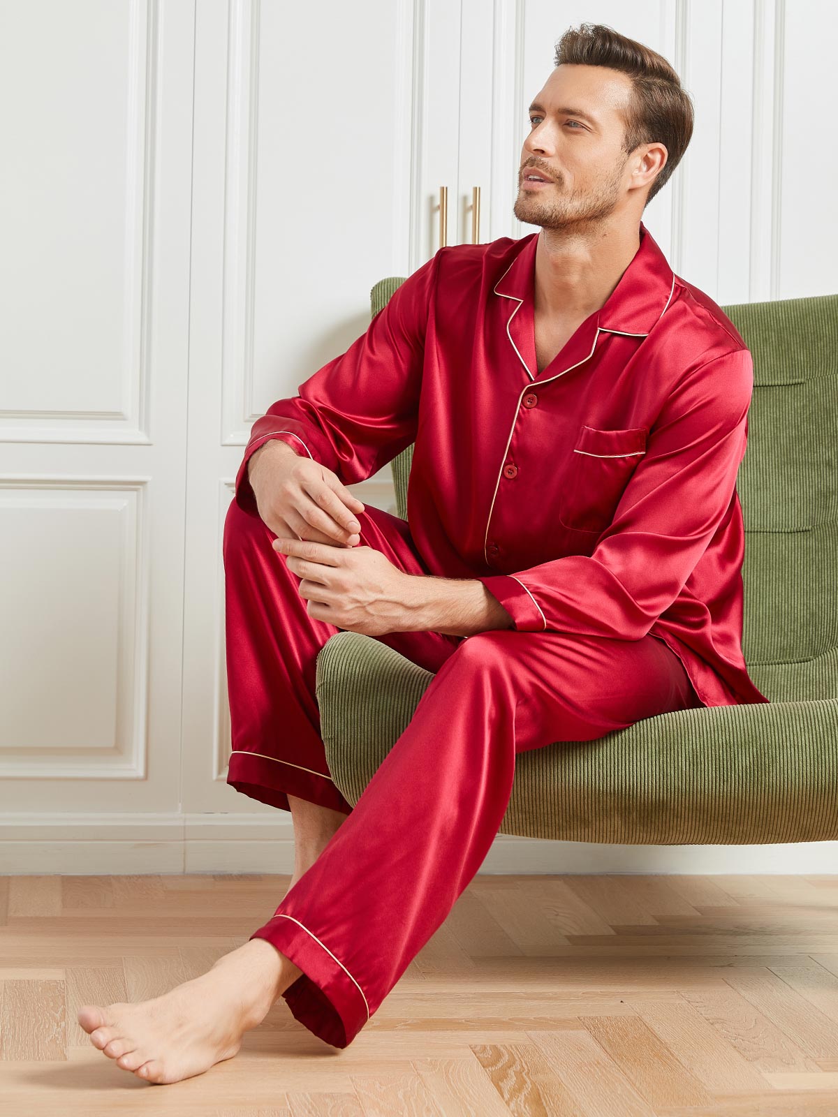[أحمر] SilkSilky-SA 19Momme الحرير الخالص Mens Pajamas 004