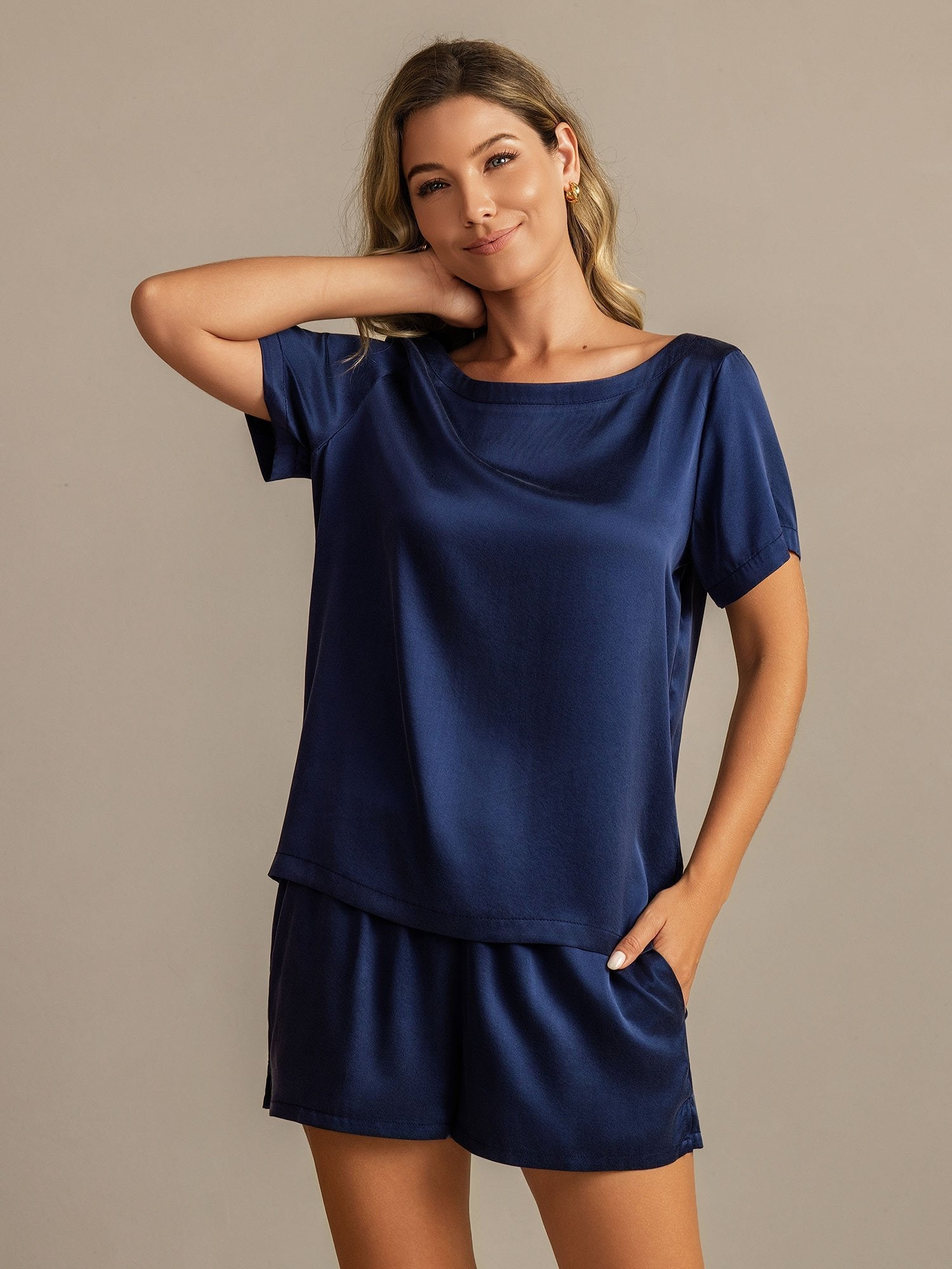 [أزرقغامق] SilkSilky-SA 19Momme الحرير رقبة مستديرة طقم بيجامة نسائي 003