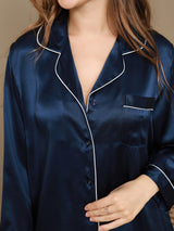 [أزرق غامق] SilkSilky-SA Long Sleeve Lapel Collar طقم بيجامة نسائي 008