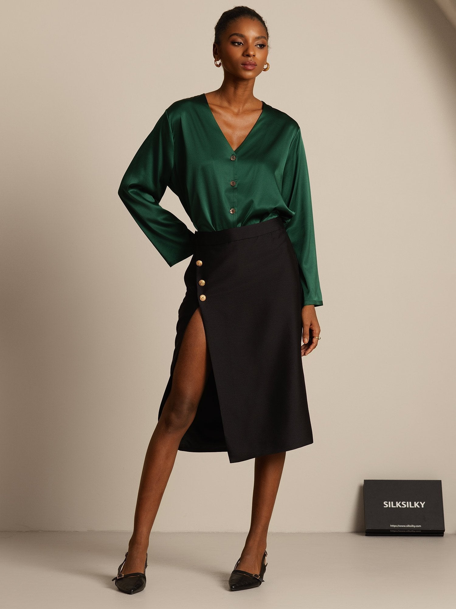 [أسود] SilkSilky-SA 32Momme الحرير Split تنانير نسائية 006,