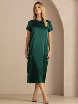 [أخضر غامق] SilkSilky-SA Short Sleeve Round Neck فساتين نسائية 007